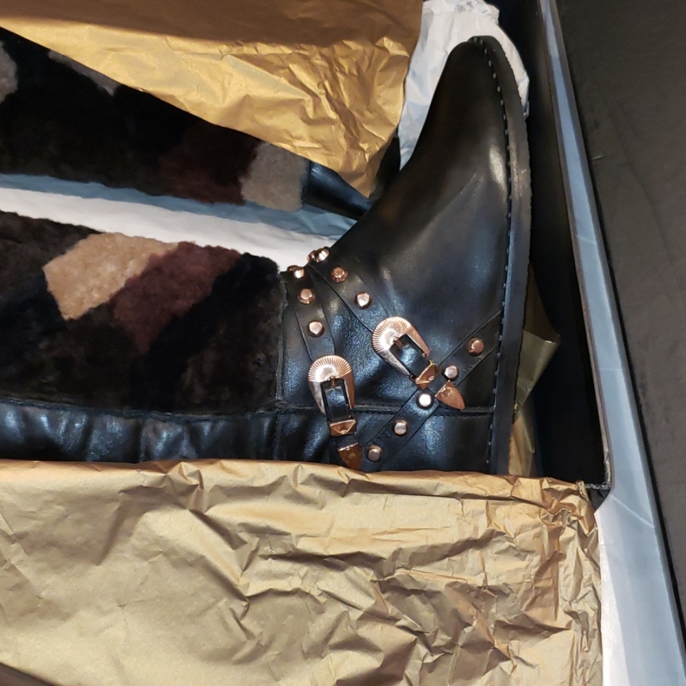 Ivy Kirzhner New BOOTS Luxe TALL Hidden Wedge Stud Leather Shearling BLACK - Picture 9 of 16
